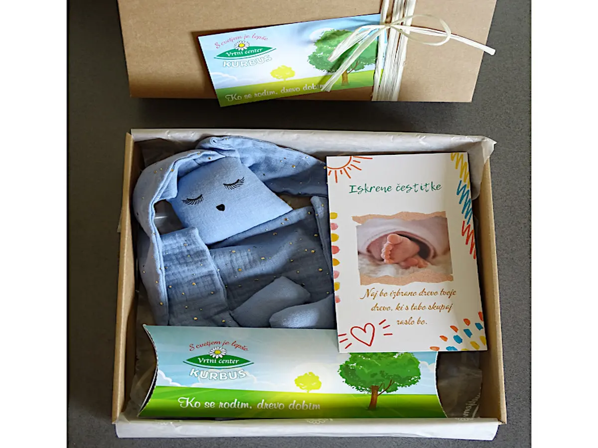 Vsebina darilnega paketa Ko se rodim drevo dobim - bon za drevo, ninica in kartica